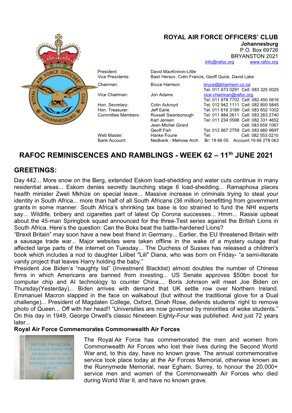 RAFOC REMINISCENCES and RAMBLINGS - WEEK 62 – 11Th JUNE 2021