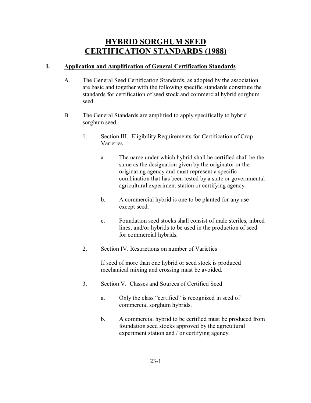 Sorghum Seed Certification Standards (1988)