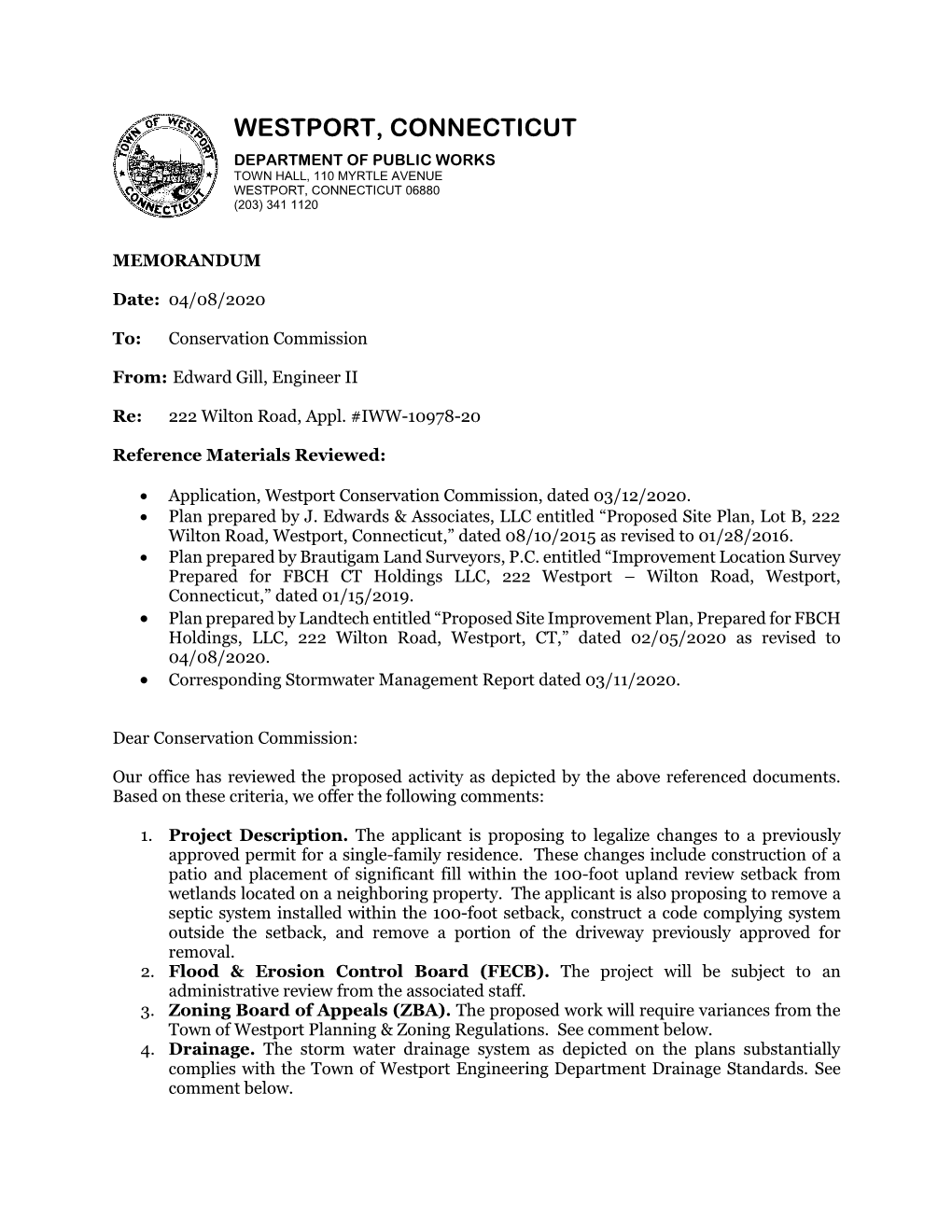 Westport, Connecticut Department of Public Works Town Hall, 110 Myrtle Avenue Westport, Connecticut 06880 (203) 341 1120