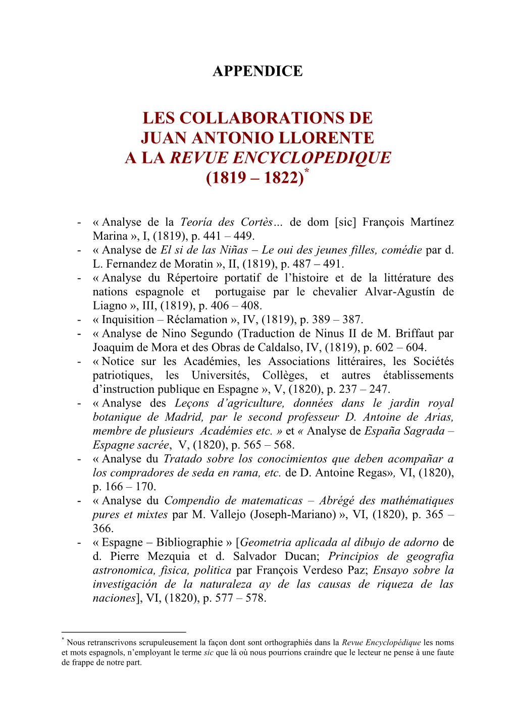 Les Collaborations De Juan Antonio Llorente a La Revue Encyclopedique (1819 – 1822)*