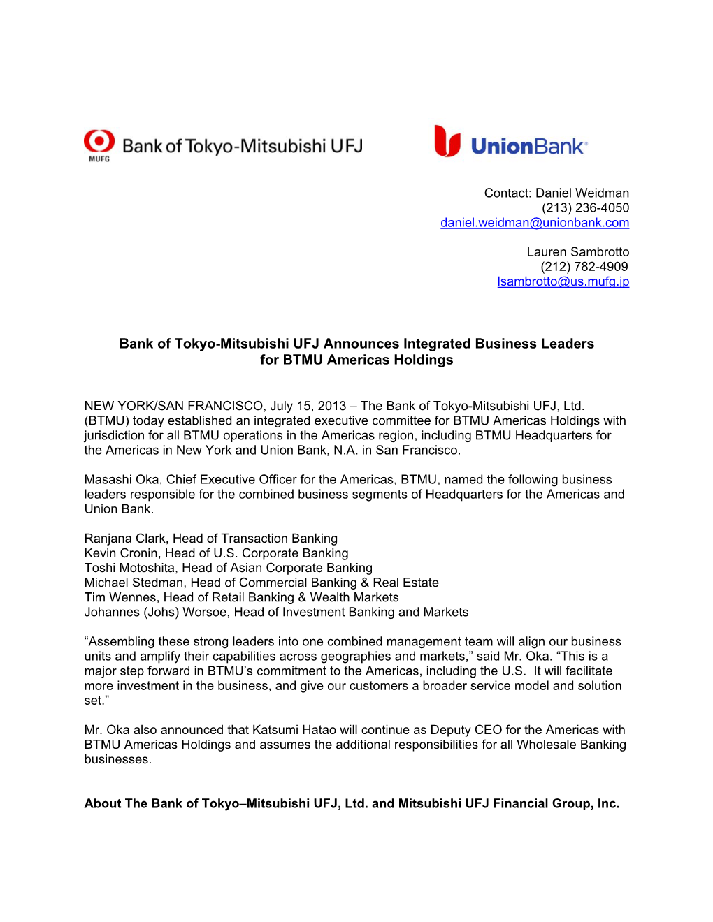 Bank of Tokyo-Mitsubishi UFJ Announces Integrated Business Leaders for BTMU Americas Holdings
