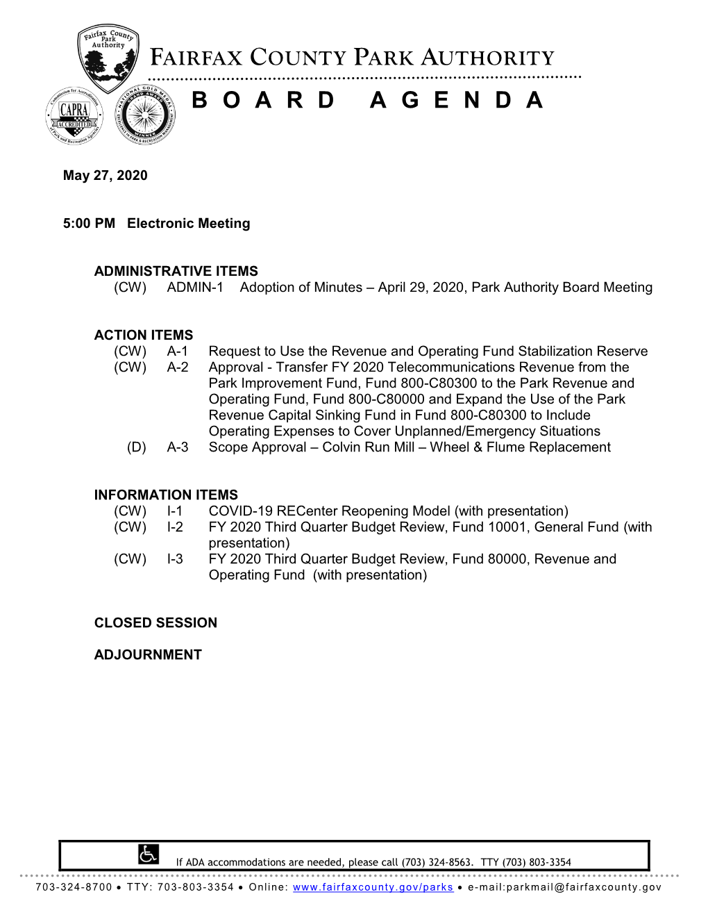 Fairfax County Park Authority Board Agenda