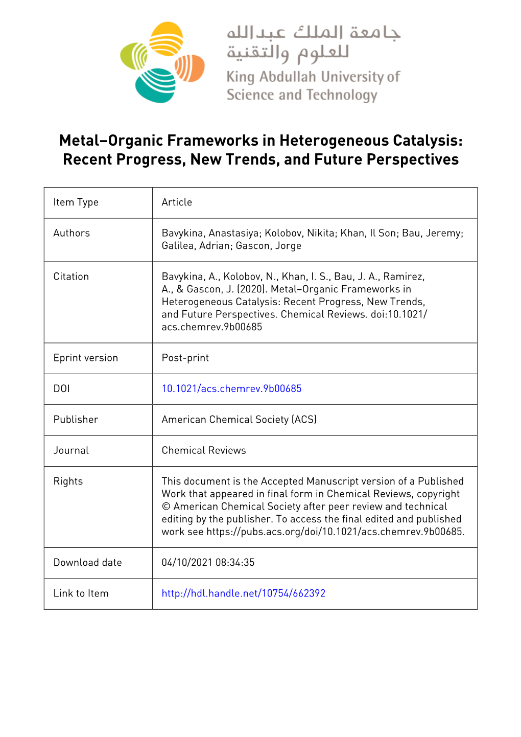 Metal Organic Frameworks in Heterogeneous Catalysis: Recent Progress, New Trends and Future Perspectives