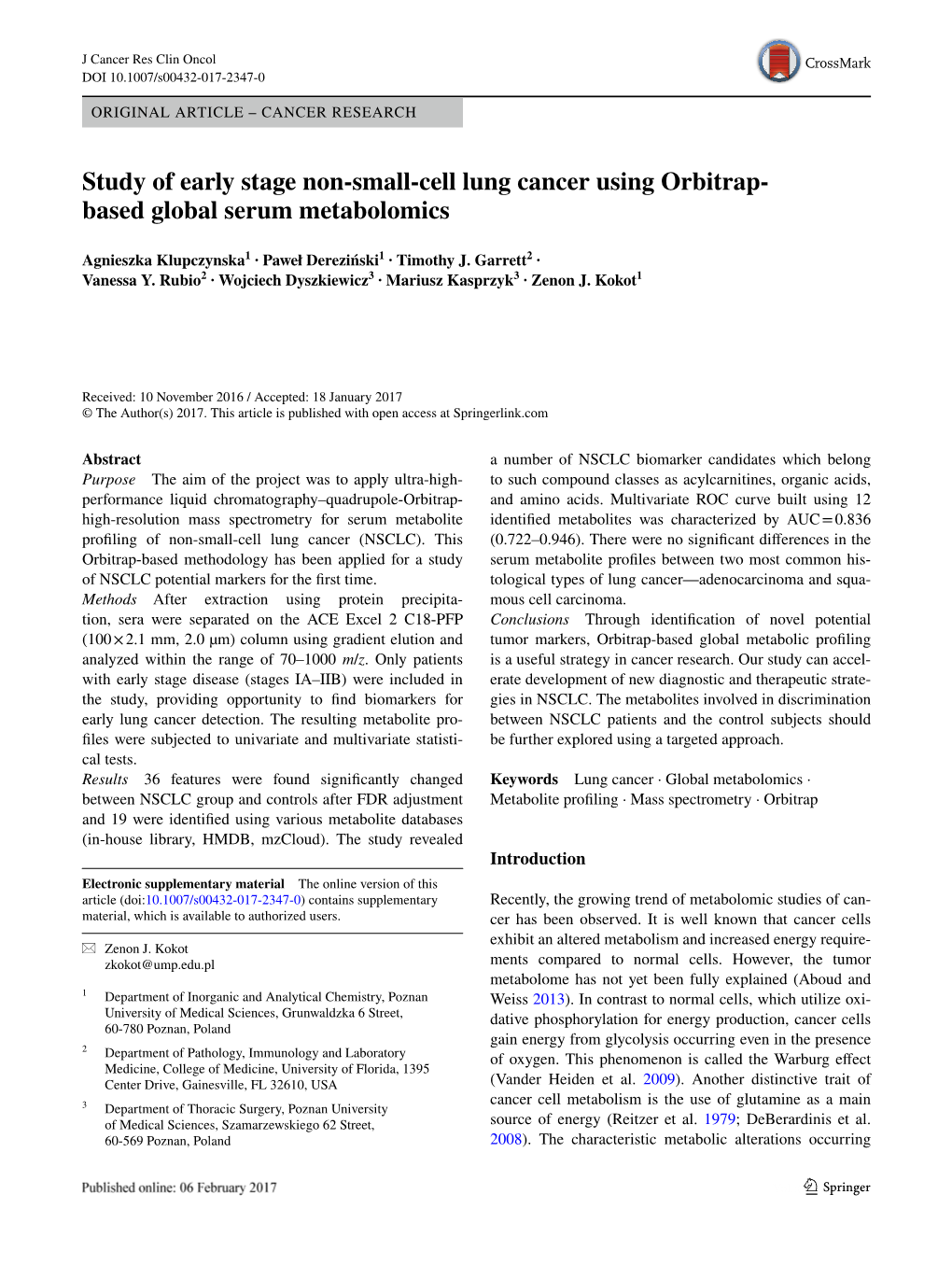 Study of Early Stage Non-Small-Cell Lung Cancer Using Orbitrap-Based Global Serum Metabolomics