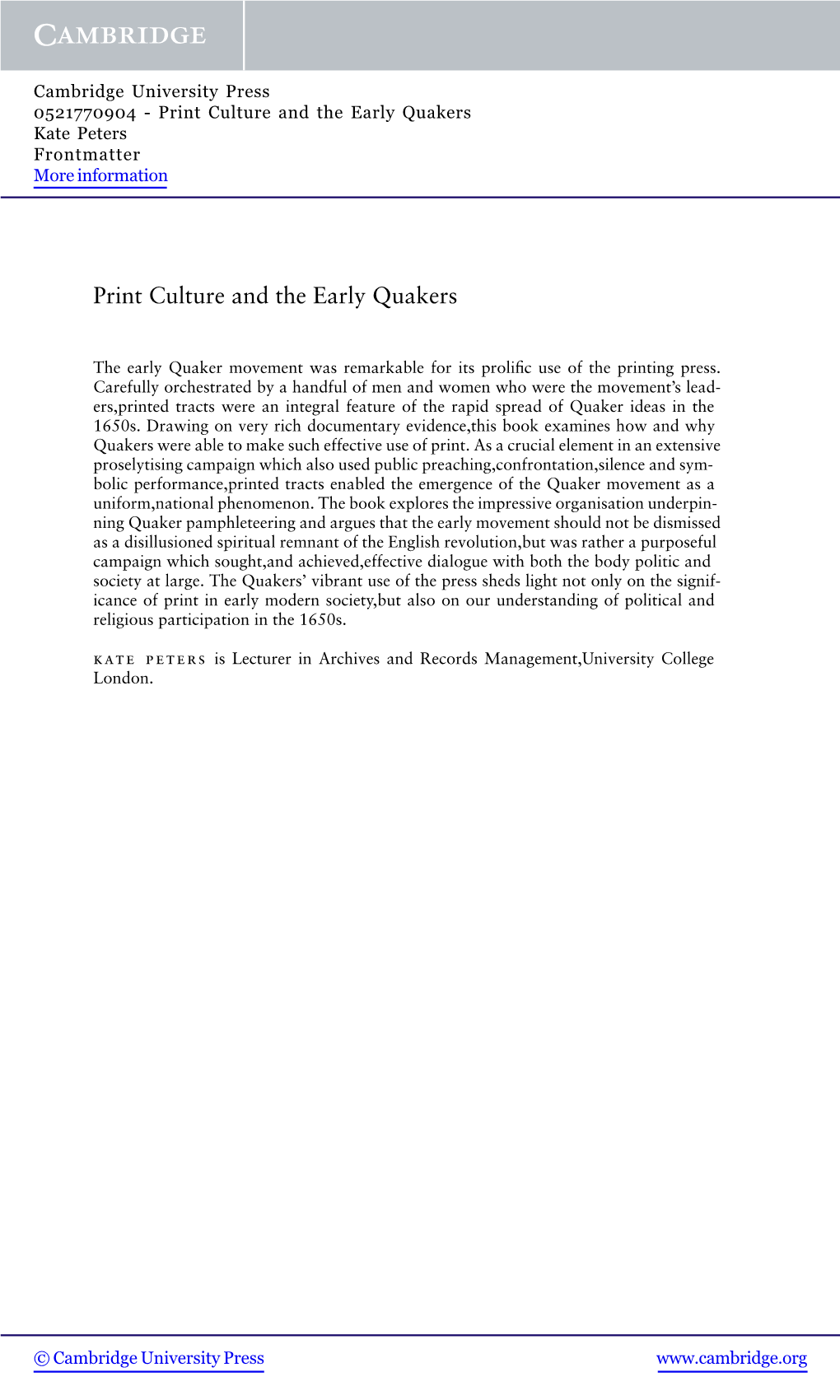 Print Culture and the Early Quakers Kate Peters Frontmatter More Information