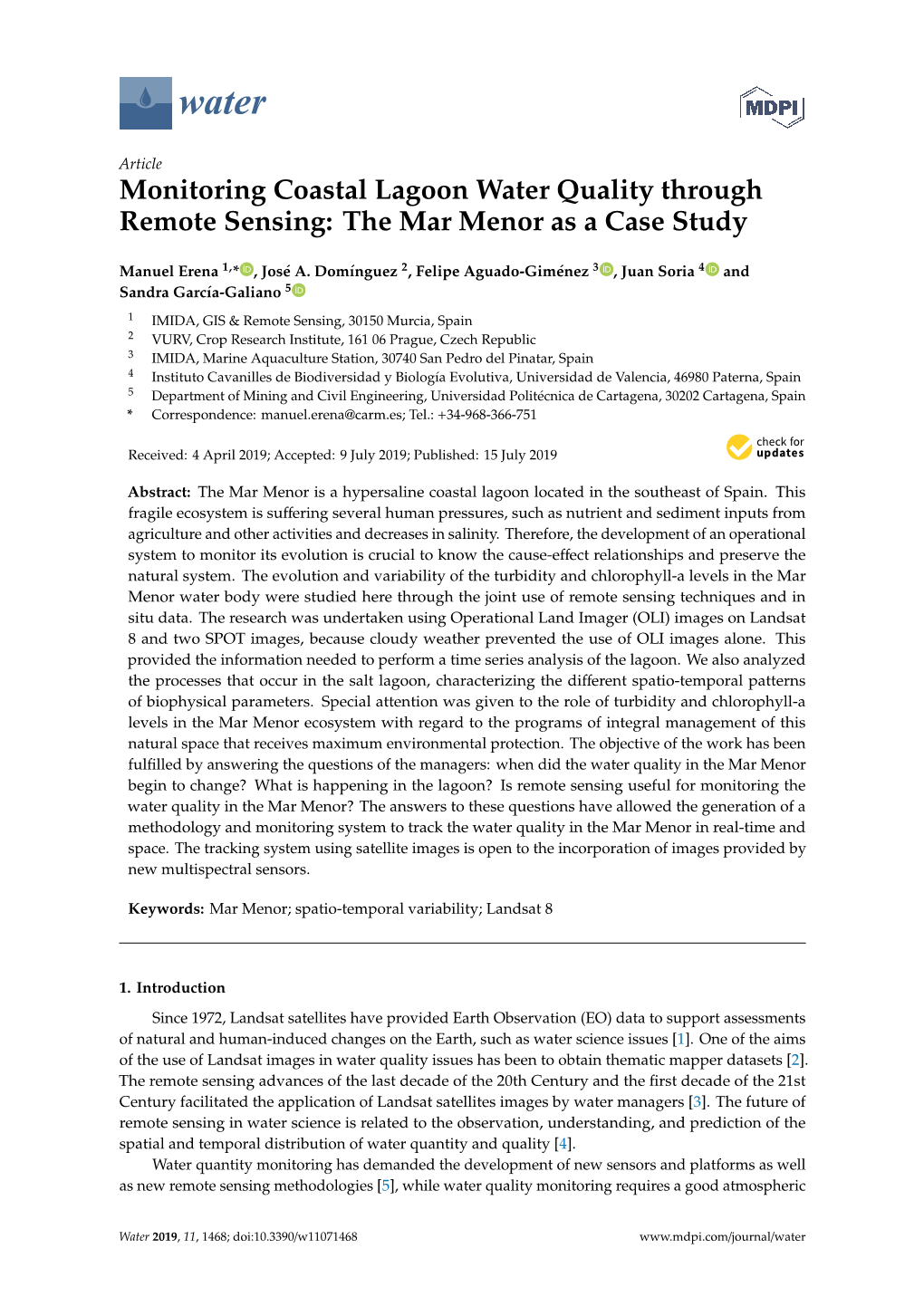 Monitoring Coastal Lagoon Water Quality Through Remote Sensing: the Mar Menor As a Case Study