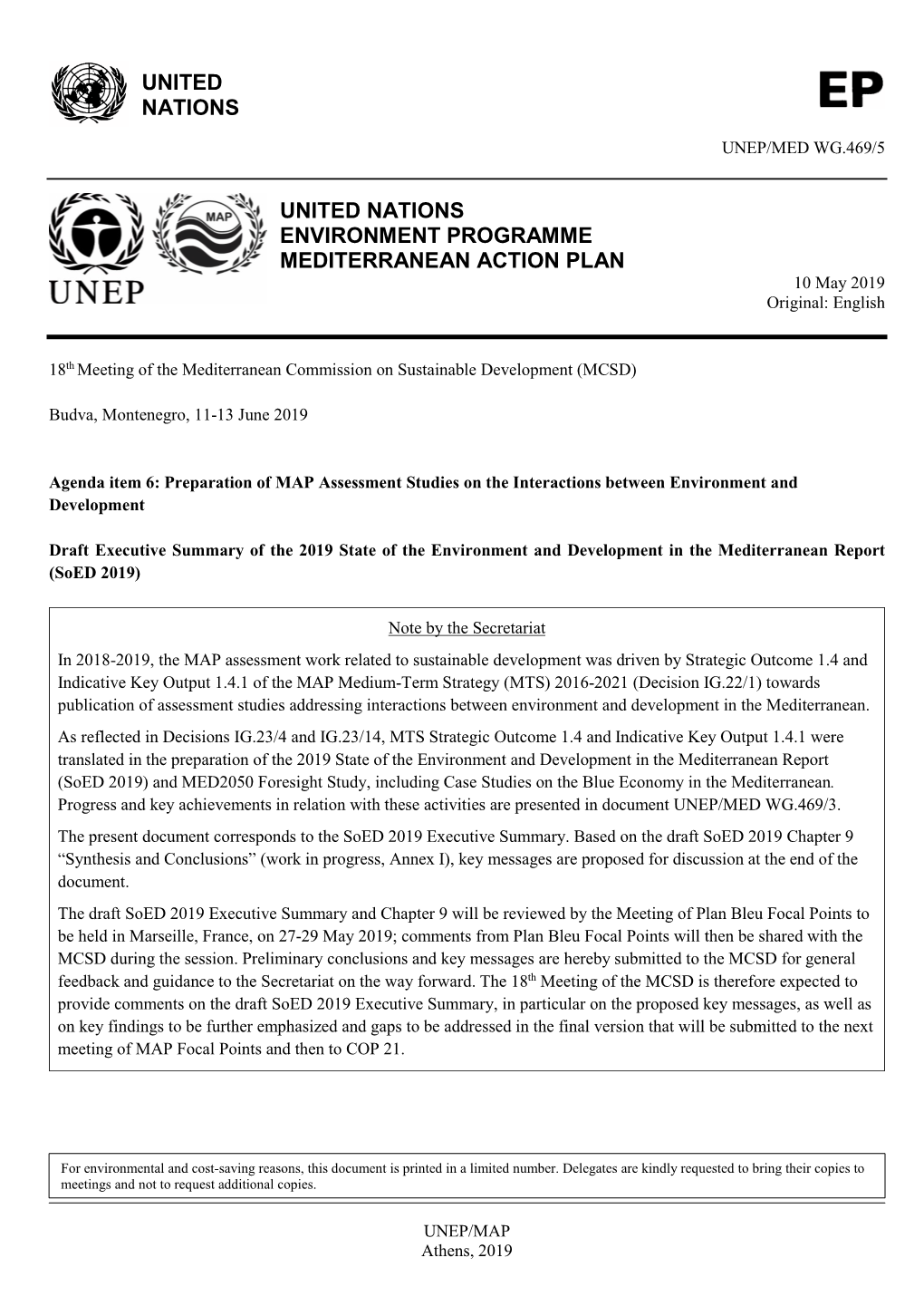 UNITED NATIONS ENVIRONMENT PROGRAMME MEDITERRANEAN ACTION PLAN 10 May 2019 Original: English