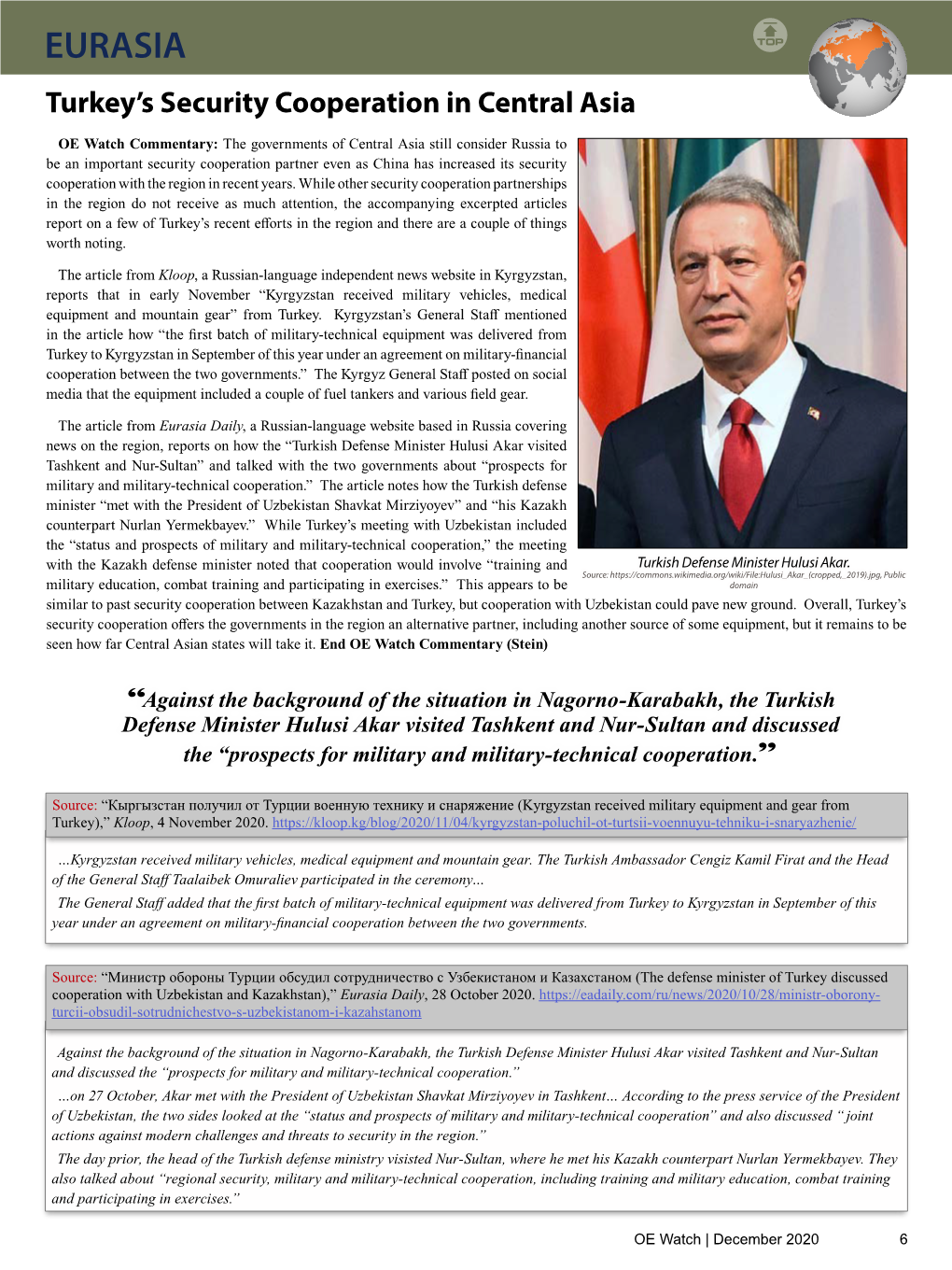 EURASIA Turkey’S Security Cooperation in Central Asia