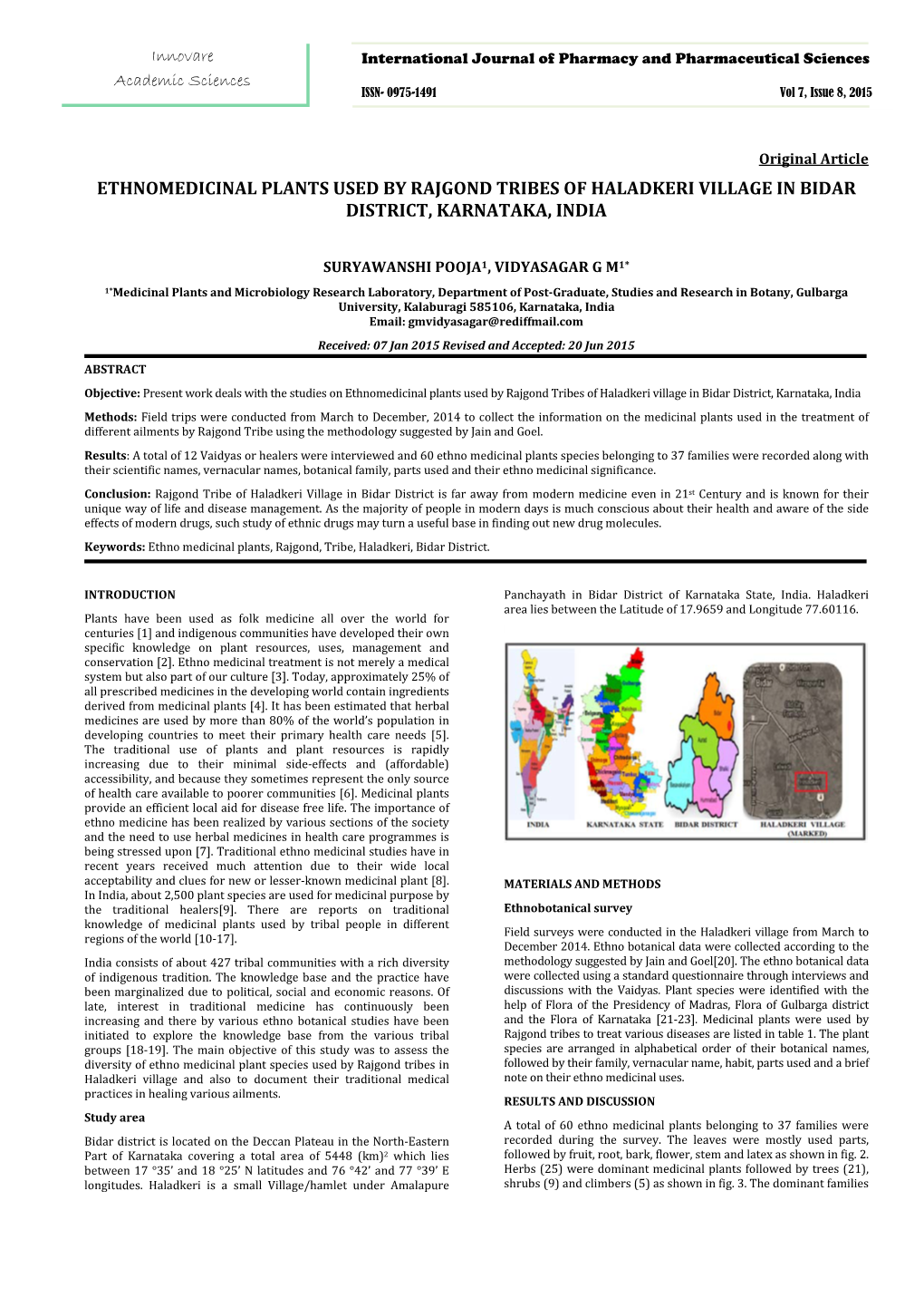 Ethnomedicinal Plants Used by Rajgond Tribes of Haladkeri Village in Bidar District, Karnataka, India