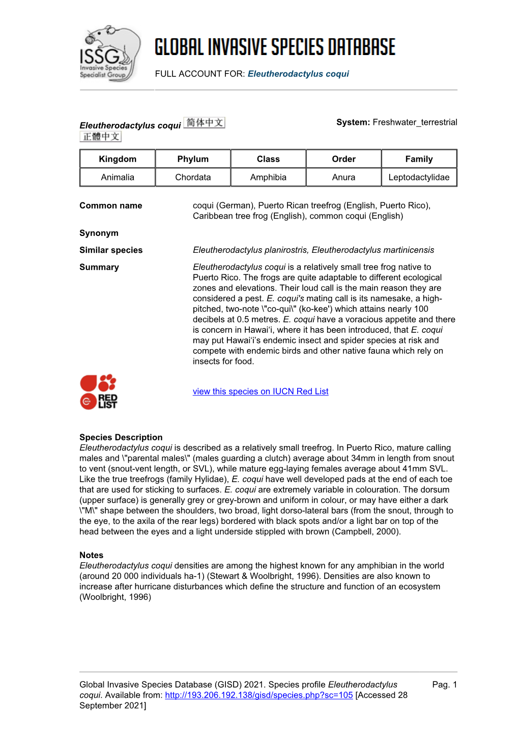 Eleutherodactylus Coqui Global Invasive Species Database (GISD)