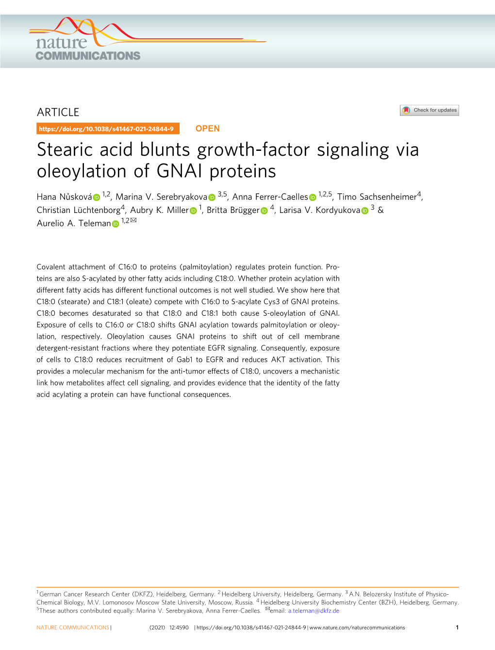 Stearic Acid Blunts Growth-Factor Signaling Via Oleoylation of GNAI Proteins