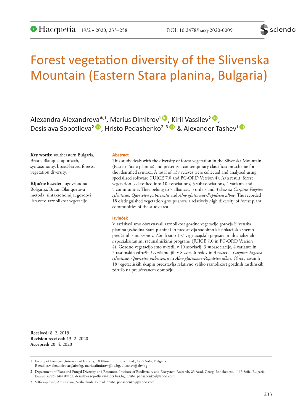 Forest Vegetation Diversity of the Slivenska Mountain (Eastern Stara Planina, Bulgaria)