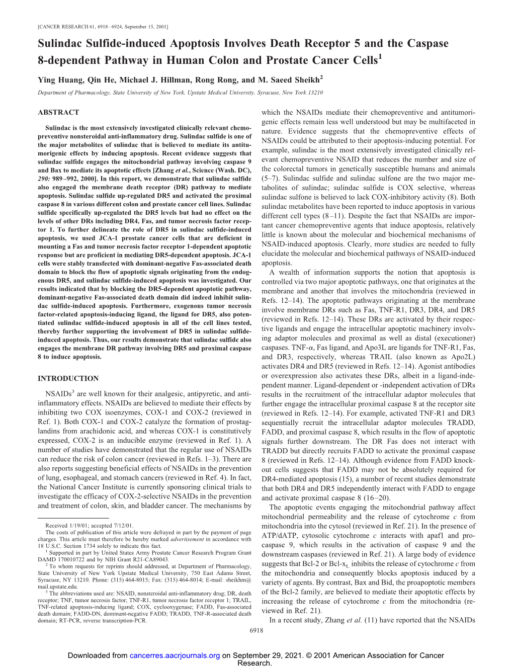 Sulindac Sulfide-Induced Apoptosis Involves Death Receptor 5 and the Caspase 8-Dependent Pathway in Human Colon and Prostate Cancer Cells1