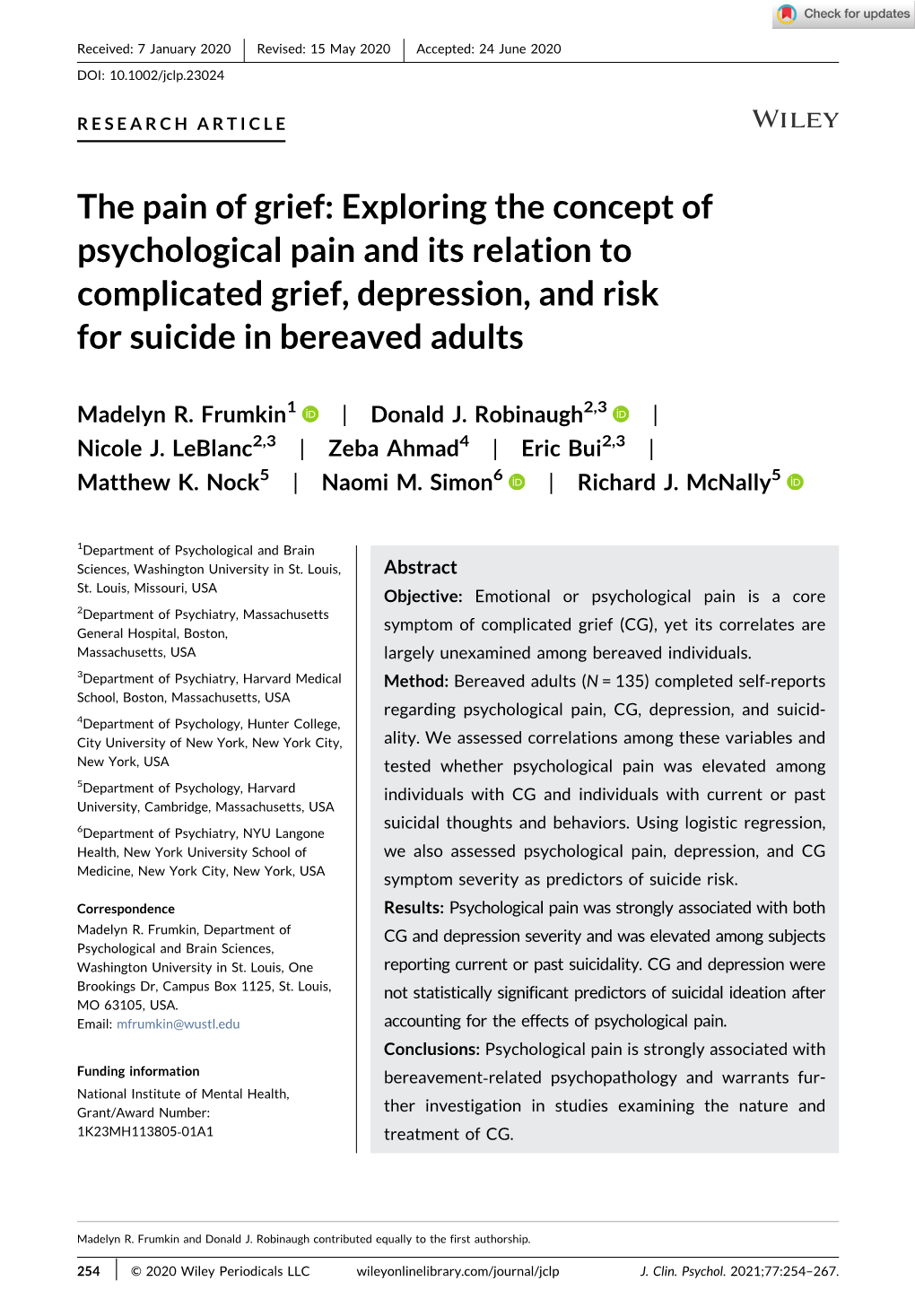 The Pain of Grief: Exploring the Concept of Psychological Pain and Its Relation to Complicated Grief, Depression, and Risk for Suicide in Bereaved Adults