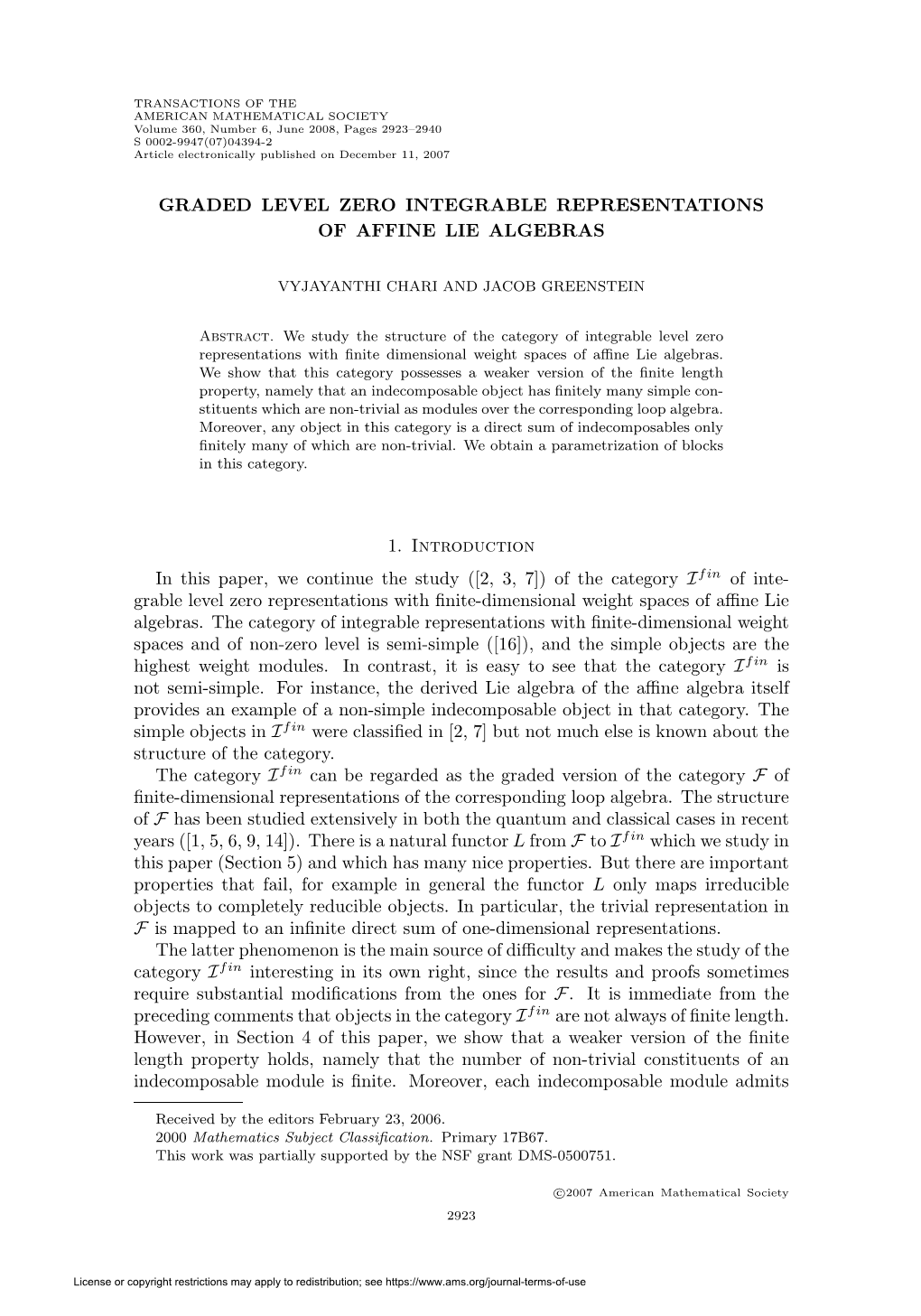 GRADED LEVEL ZERO INTEGRABLE REPRESENTATIONS of AFFINE LIE ALGEBRAS 1. Introduction in This Paper, We Continue the Study ([2, 3