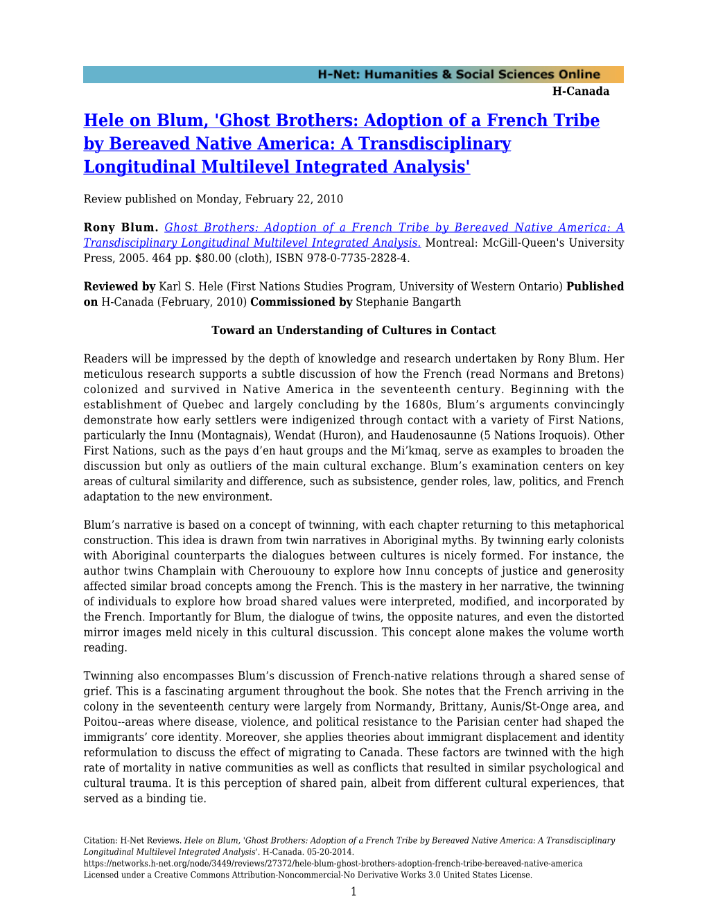 Hele on Blum, 'Ghost Brothers: Adoption of a French Tribe by Bereaved Native America: a Transdisciplinary Longitudinal Multilevel Integrated Analysis'