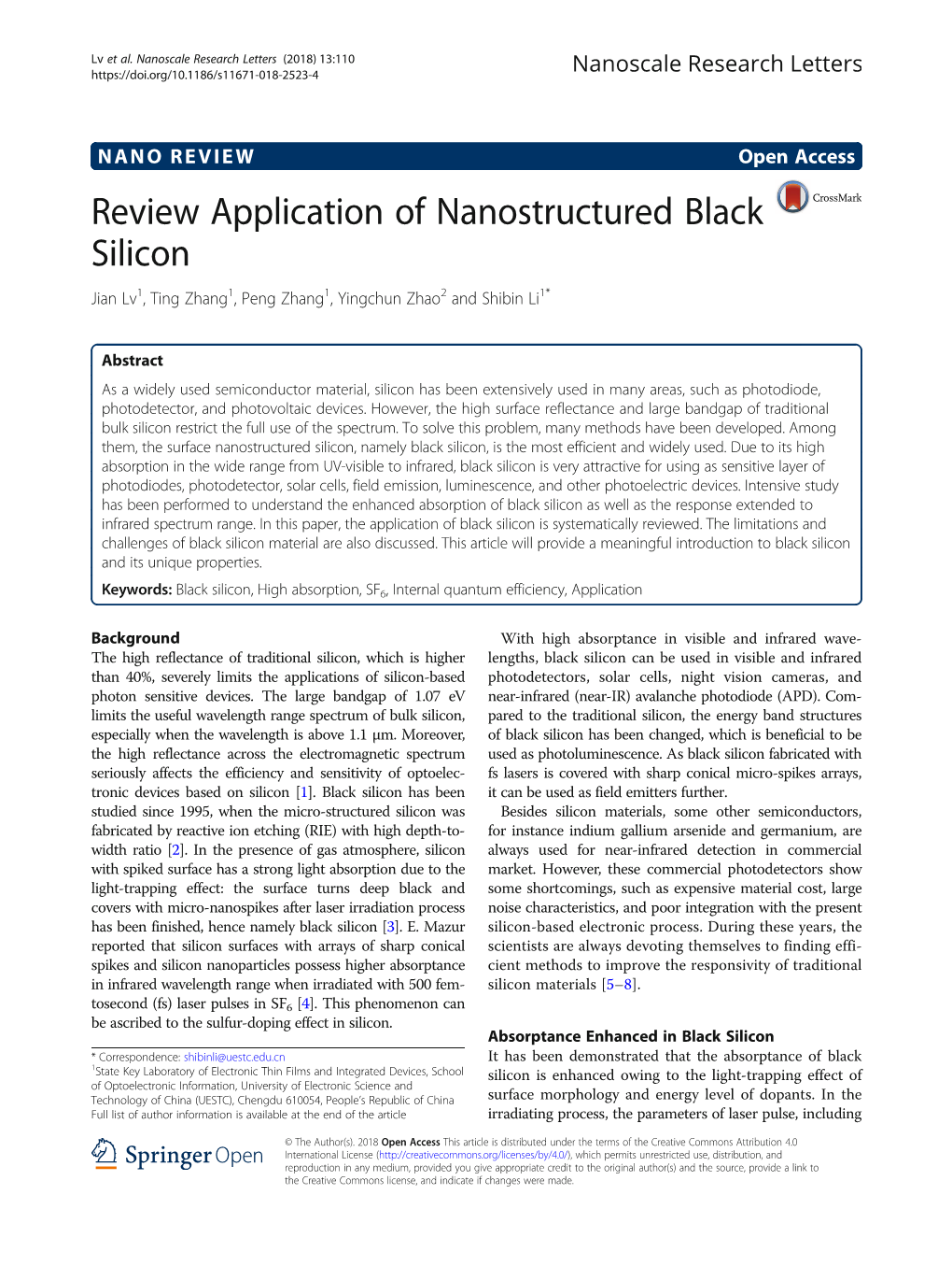 Review Application of Nanostructured Black Silicon Jian Lv1, Ting Zhang1, Peng Zhang1, Yingchun Zhao2 and Shibin Li1*