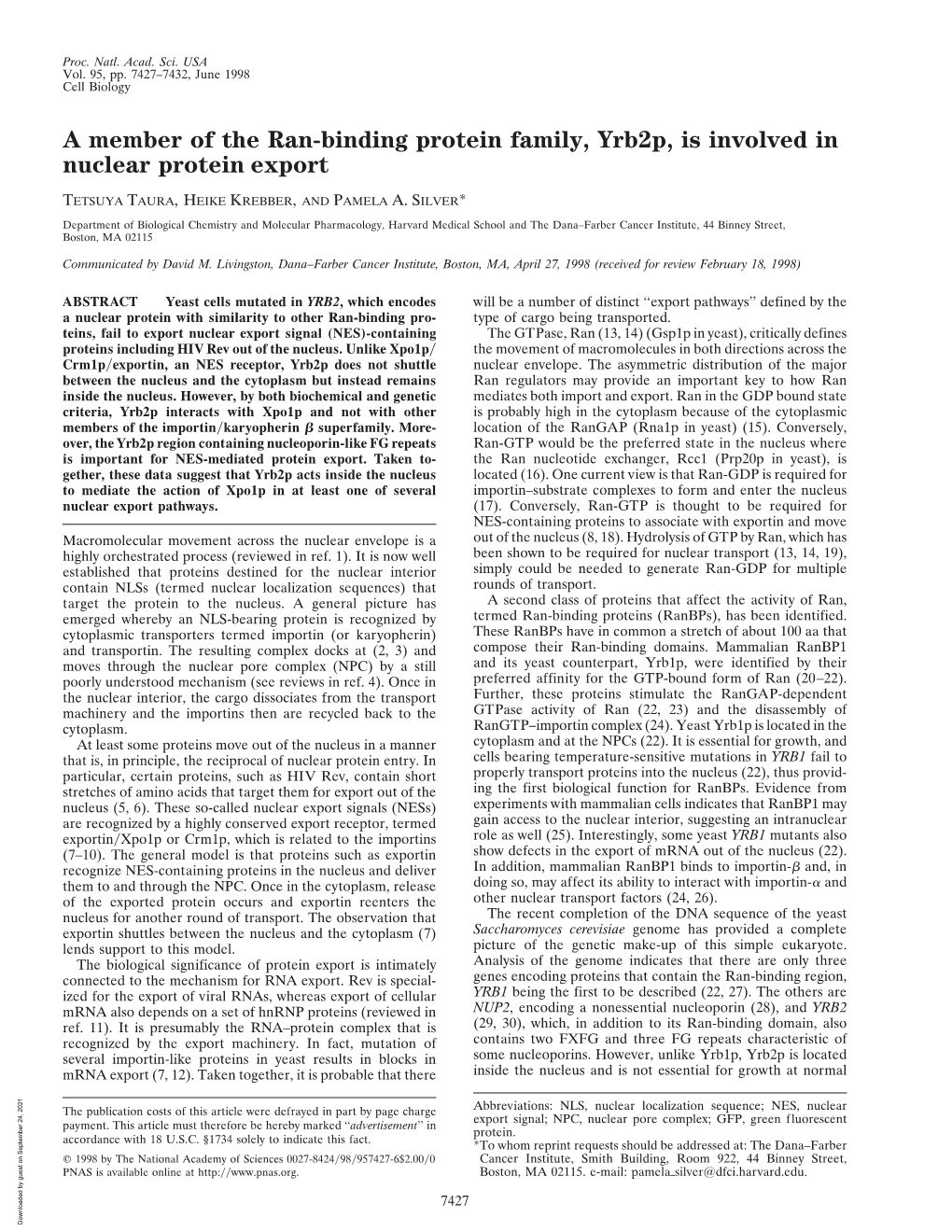 A Member of the Ran-Binding Protein Family, Yrb2p, Is Involved in Nuclear Protein Export