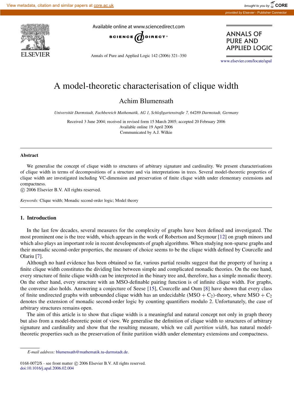 A Model-Theoretic Characterisation of Clique Width Achim Blumensath