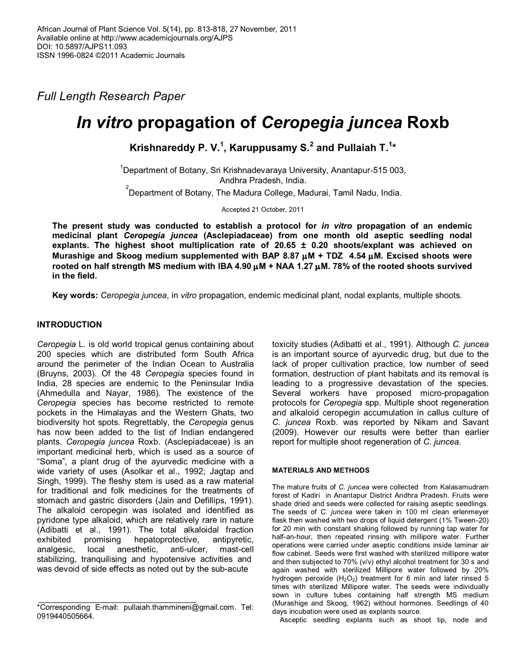 In Vitro Propagation of Ceropegia Juncea Roxb