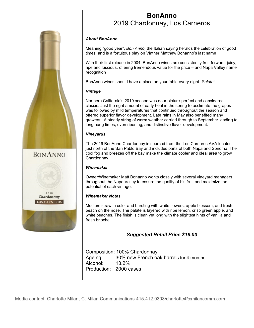 Bonanno 2019 Chardonnay, Los Carneros