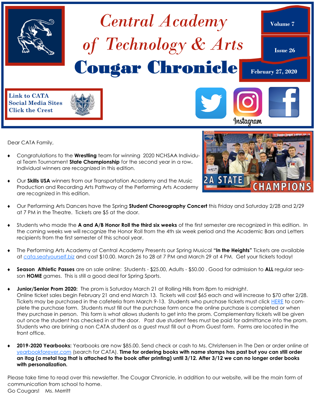 Central Academy Cougar Chronicle Volume 7, Issue 26