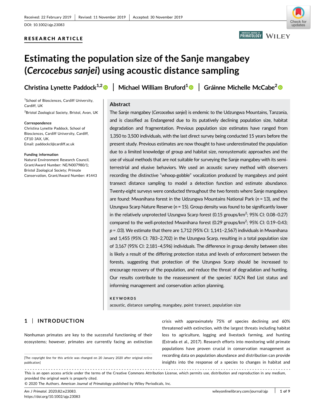 Estimating the Population Size of the Sanje Mangabey (Cercocebus Sanjei) Using Acoustic Distance Sampling