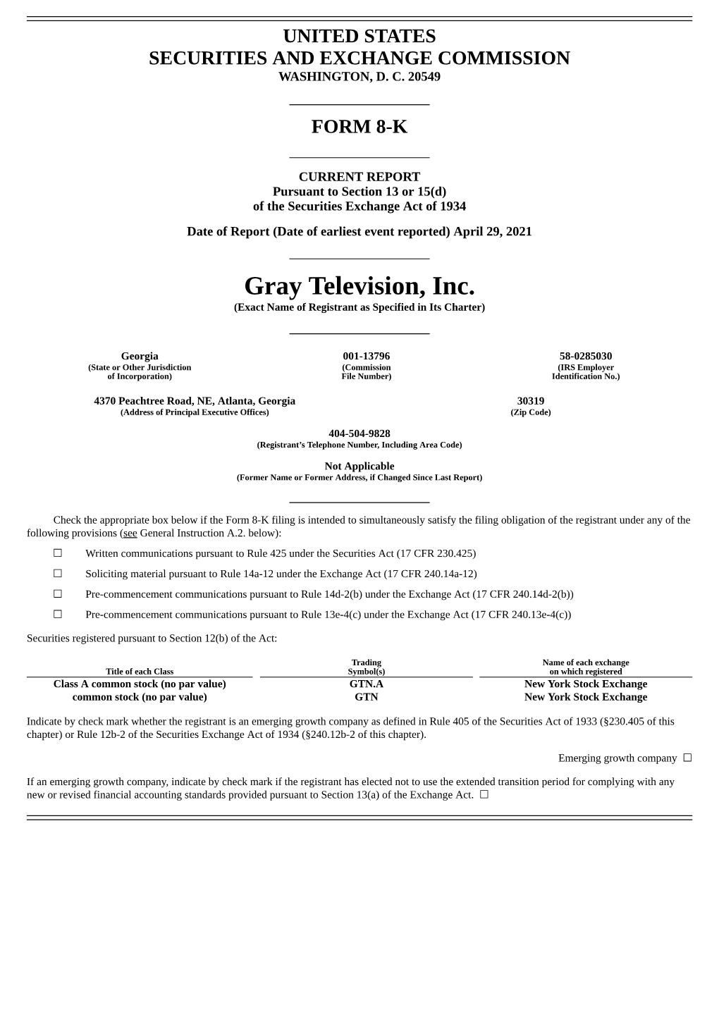 Gray Television, Inc. (Exact Name of Registrant As Specified in Its Charter)