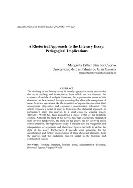 A Rhetorical Approach to the Literary Essay: Pedagogical Implications