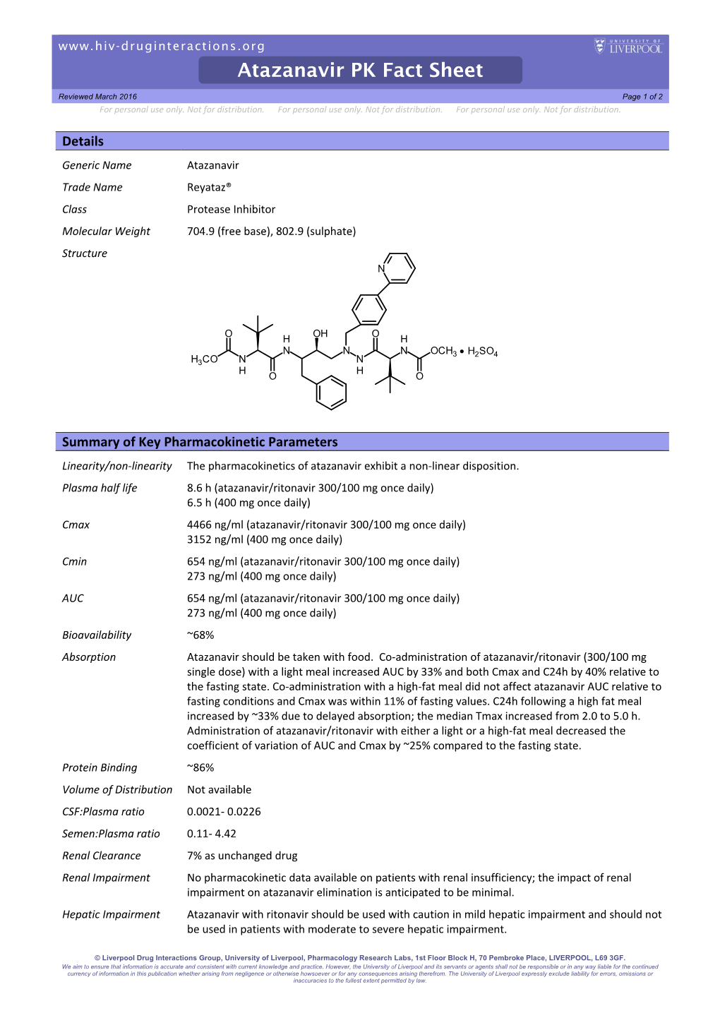 Atazanavir PK Fact Sheet Reviewed March 2016 Page 1 of 2 for Personal Use Only