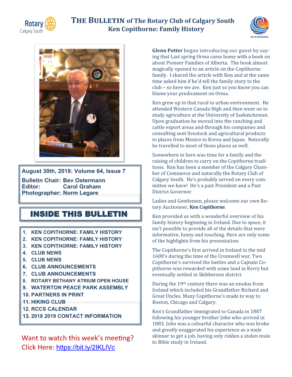 August 30 2018 Bulletin