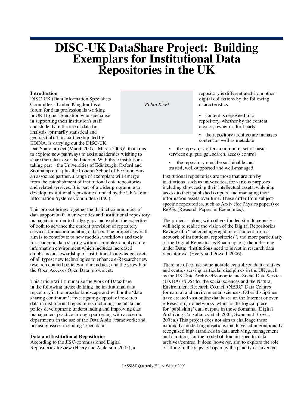 DISC-UK Datashare Project: Building Exemplars For Institutional Data ...