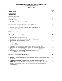 ADVISORY COMMISSION on CHILDHOOD VACCINES TABLE of CONTENTS March 3, 2016