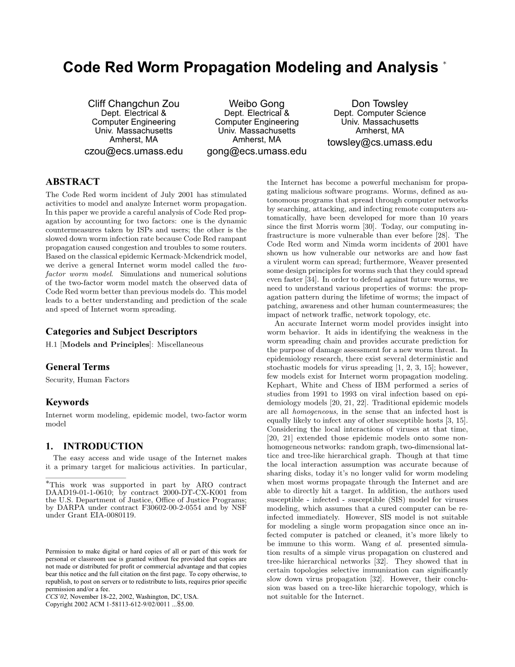 Code Red Worm Propagation Modeling and Analysis ∗