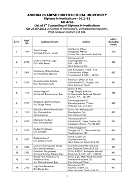 AU Area List of 1 St Counselling of Diploma in Horticulture on 27.07.2011 at College of Horticulture, Venkataramannagudem, West Godavari District-534 101