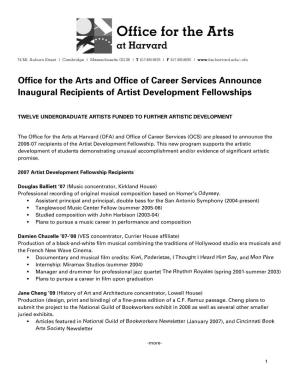 Office for the Arts and Office of Career Services Announce Inaugural Recipients of Artist Development Fellowships