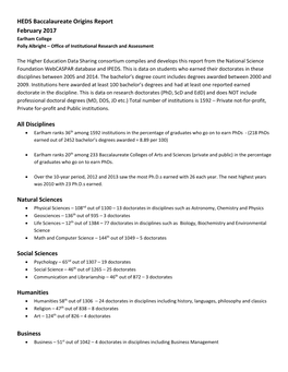 HEDS Baccalaureate Origins Report February 2017 All Disciplines Natural Sciences Social Sciences Humanities Business