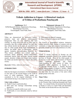 International Research Tribals Addiction to Liqu of Triblas of Pozhu International Journal of Trend in Scientific Research and D