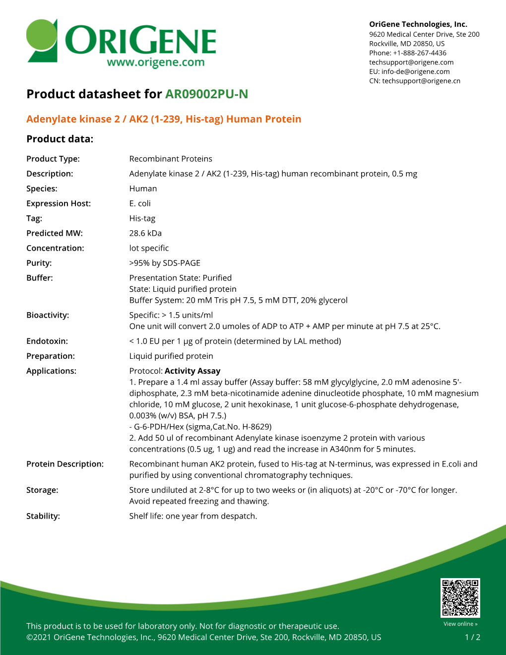 Adenylate Kinase 2 / AK2 (1-239, His-Tag) Human Protein Product Data