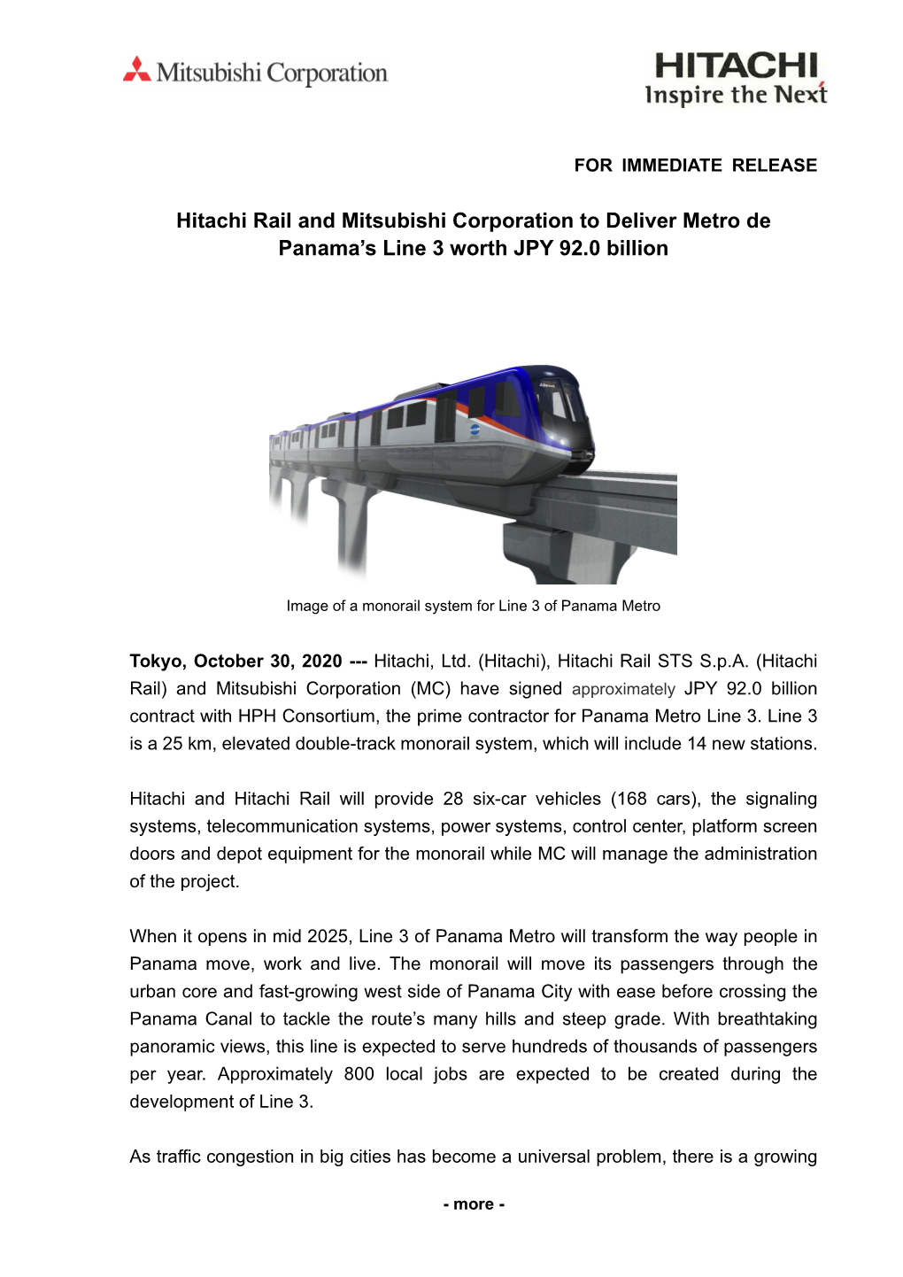 Hitachi Rail and Mitsubishi Corporation to Deliver Metro De Panama’S Line 3 Worth JPY 92.0 Billion