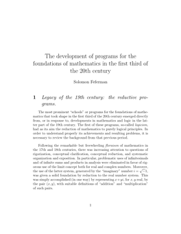 The Development of Programs for the Foundations of Mathematics in the ﬁrst Third of the 20Th Century