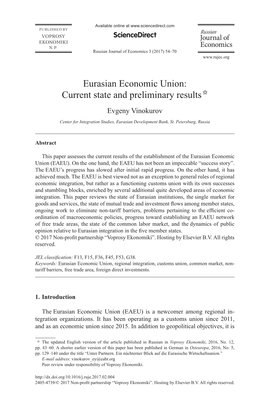 Eurasian Economic Union: Current State and Preliminary Results ✩ Evgeny Vinokurov