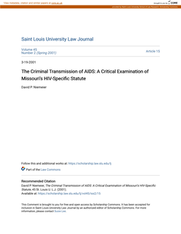 The Criminal Transmission of AIDS: a Critical Examination of Missouri's HIV-Specific Statute