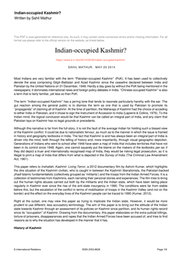 Indian-Occupied Kashmir? Written by Sahil Mathur