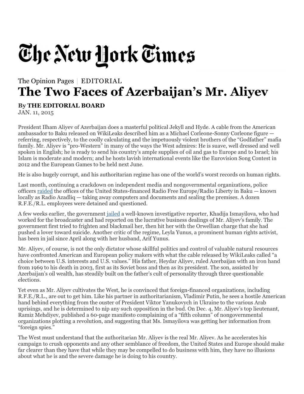 The Two Faces of Azerbaijan's Mr. Aliyev