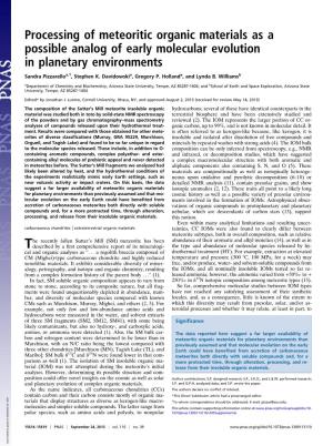 Processing of Meteoritic Organic Materials As a Possible Analog of Early Molecular Evolution in Planetary Environments