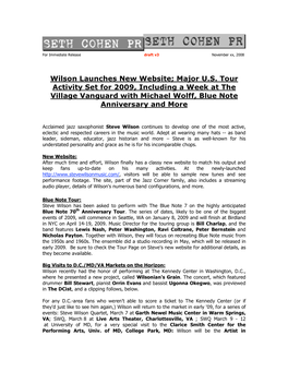 Wilson Launches New Website; Major US Tour Activity Set for 2009, Including a Week at the Village Vanguard with Michael Wolff