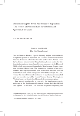 Remembering the Royal Residences of Kapālama: the Homes of Princess Ruth Ke‘Elikōlani and Queen Lili‘Uokalani