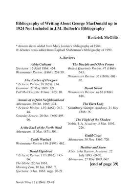 Bibliography of Writing About George Macdonald up to 1924 Not Included in J.M