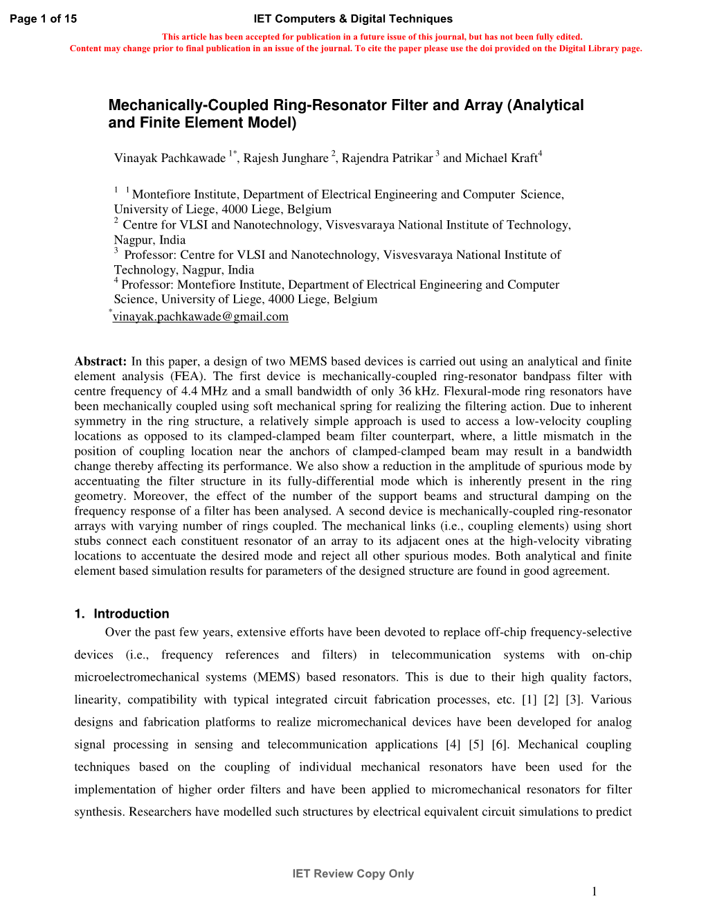 Mechanically-Coupled Ring-Resonator Filter and Array (Analytical and Finite Element Model)